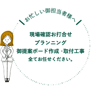 現場確認お打合せ　プランニング　御提案ボード作成・取付工事　全てお任せください